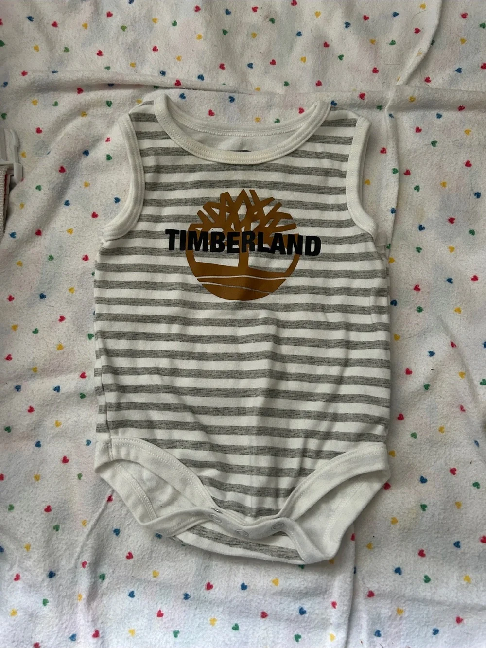 Timberland Gray & White Striped Baby Bodysuit with Logo